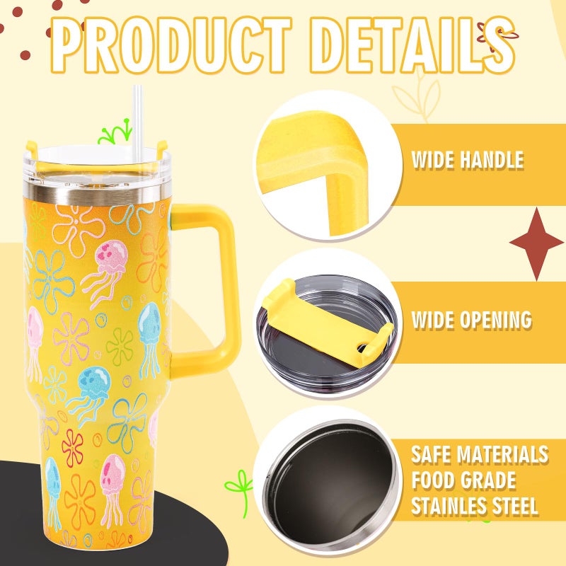 Whaline 40oz Cartoon Sponge Tumbler with Handle Straw and Lid Ocean Themed Travel Tumbler Flower Bubble Jellyfish Coffee Cup for Friend Holiday Birthday Party Favors - Image 3