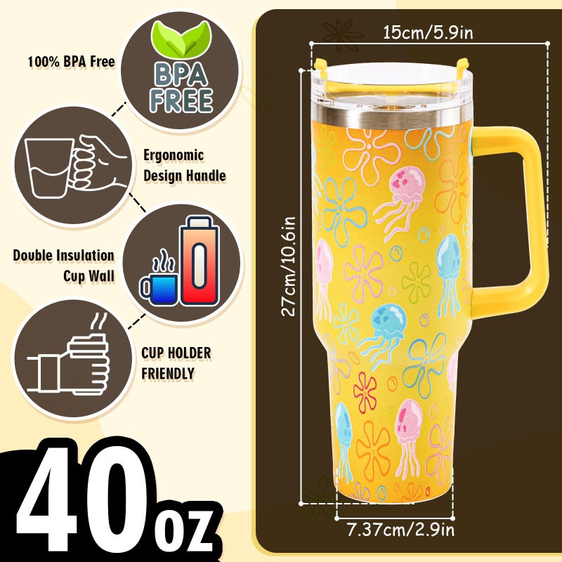 Whaline 40oz Cartoon Sponge Tumbler with Handle Straw and Lid Ocean Themed Travel Tumbler Flower Bubble Jellyfish Coffee Cup for Friend Holiday Birthday Party Favors - Image 2