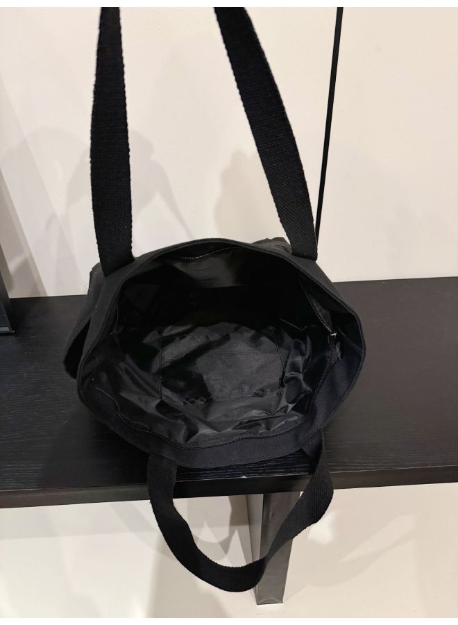 Canvas Bag Women's Handbag Single Shoulder Bag College Students All-match Handbag Commuter Large Capacity Mending Bag Multi-pocket-Color:Black (lined)  - Image 1