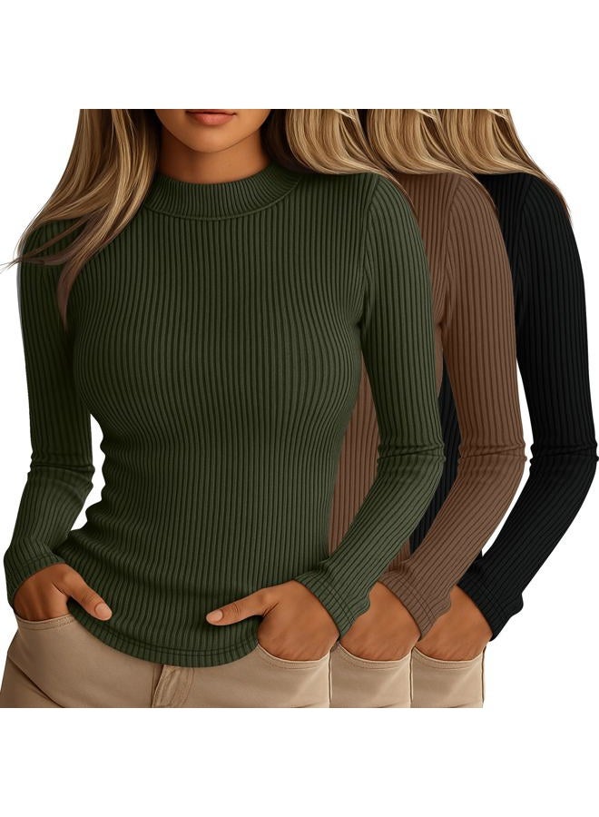 Riyiper 3 Pack Women's Ribbed Shirts, Mock Turtleneck Long Sleeve Tops Slim Fitted Undershirts Casual Basic Layering Tees, Black, Light Pink, Bean Green, L - Image 1