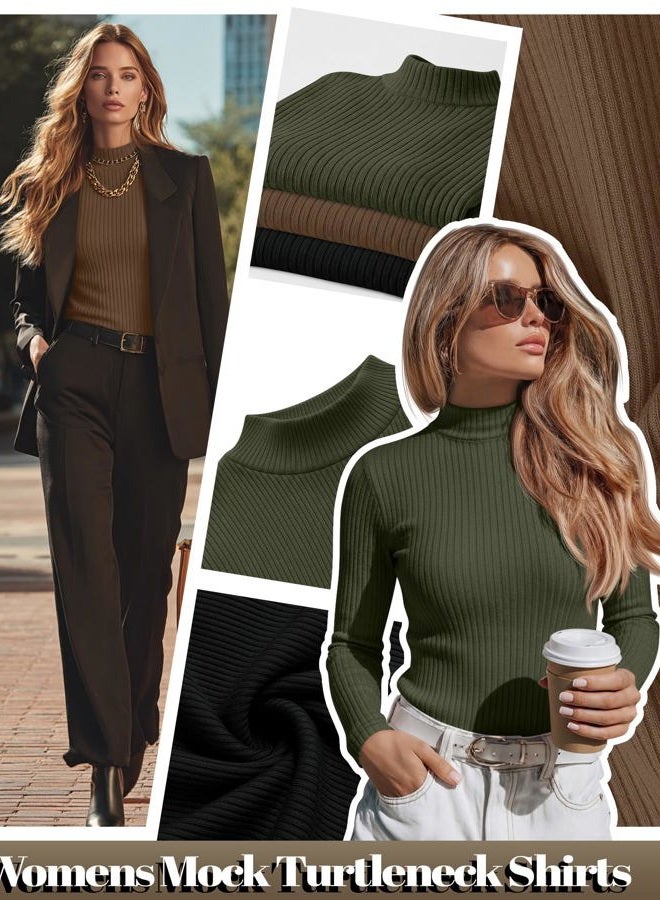 Riyiper 3 Pack Women's Ribbed Shirts, Mock Turtleneck Long Sleeve Tops Slim Fitted Undershirts Casual Basic Layering Tees, Black, Light Pink, Bean Green, L - Image 5