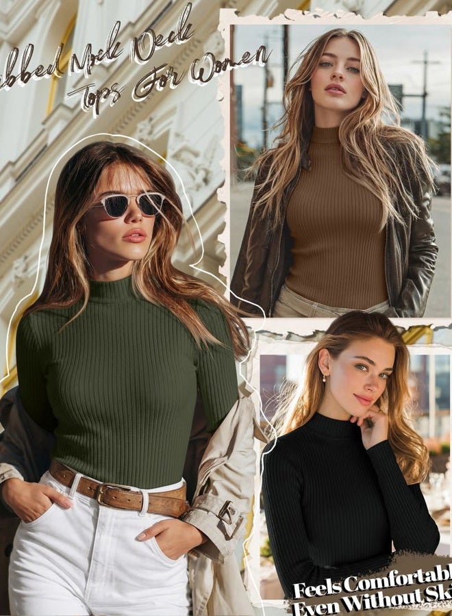 Riyiper 3 Pack Women's Ribbed Shirts, Mock Turtleneck Long Sleeve Tops Slim Fitted Undershirts Casual Basic Layering Tees, Black, Light Pink, Bean Green, L - Image 3