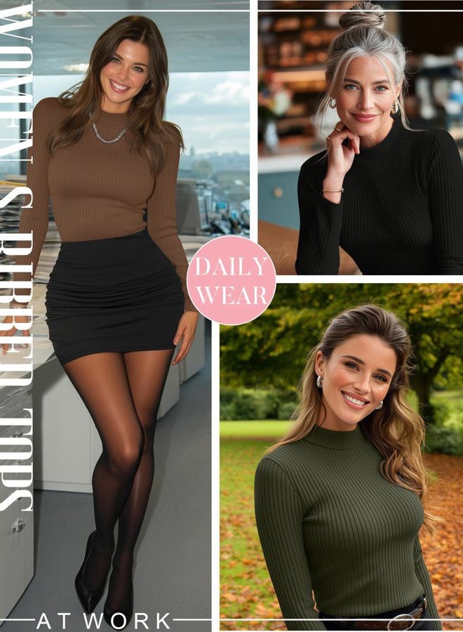 Riyiper 3 Pack Women's Ribbed Shirts, Mock Turtleneck Long Sleeve Tops Slim Fitted Undershirts Casual Basic Layering Tees, Black, Light Pink, Bean Green, L - Image 2