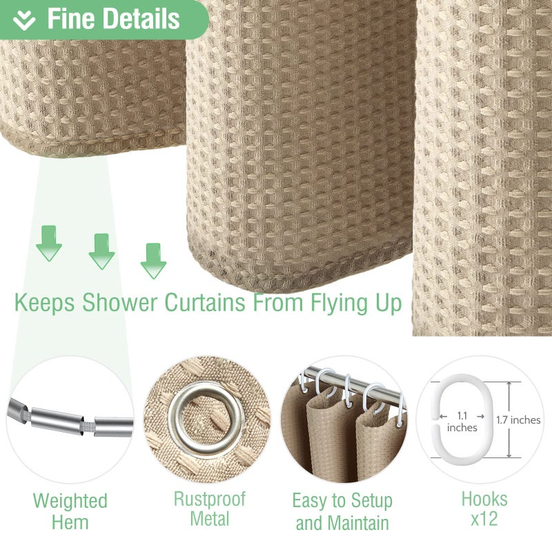 Dynamene Beige Fabric Shower Curtain - Waffle Textured Heavy Duty Cloth Shower Curtains for Bathroom, 256GSM Hotel Spa Luxury Weighted Bath Curtain Set with 12 Plastic Hooks,72x72, Beige/Khaki - Image 5