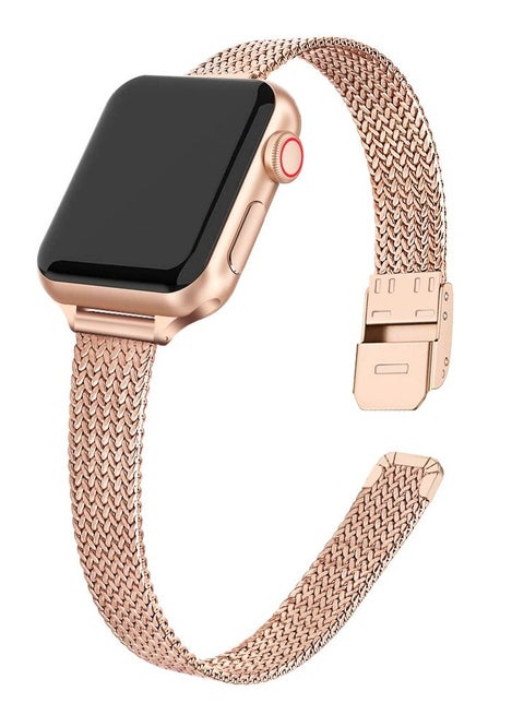 Slim Metal Straps For Apple Watch Series 10 9 8 7 6 5 4 SE, 38/40/41/42mm Thin Narrow Stainless Steel Mesh Milanese Strap -Rose Gold