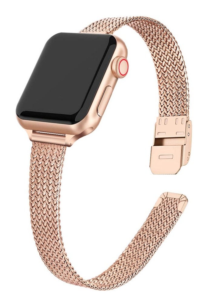 O Ozone Slim Metal Straps For Apple Watch Series 10 9 8 7 6 5 4 SE, 38/40/41/42mm Thin Narrow Stainless Steel Mesh Milanese Strap -Rose Gold  - Image 1