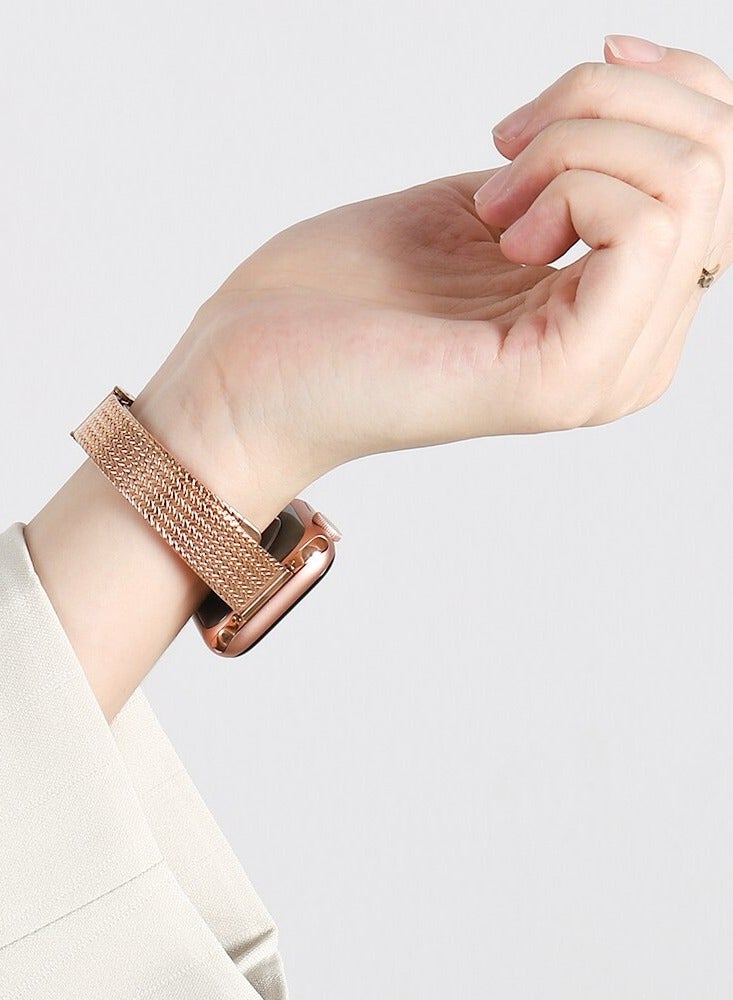 Slim Metal Straps For Apple Watch Series 10 9 8 7 6 5 4 SE, 38/40/41/42mm Thin Narrow Stainless Steel Mesh Milanese Strap -Rose Gold