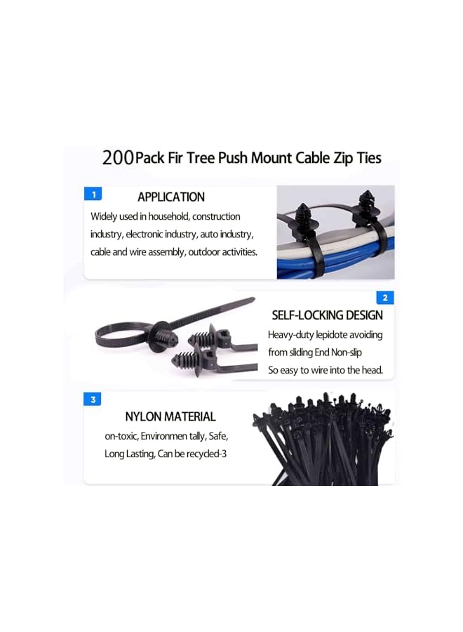 S-TOP 200Pcs Universal Nylon Push Mount Cable Zip Tie, Self Locking Strap, Heavy Duty UV Resistant, 5 Most Popular Sizes, Wire Harness ties for Indoor Wiring, Construction&Car - Image 5