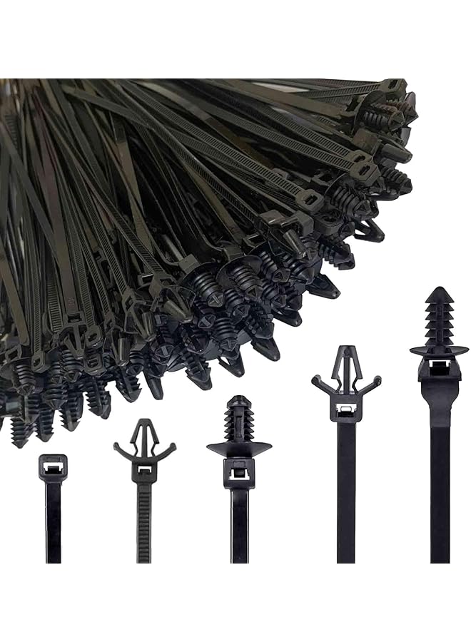 S-TOP 200Pcs Universal Nylon Push Mount Cable Zip Tie, Self Locking Strap, Heavy Duty UV Resistant, 5 Most Popular Sizes, Wire Harness ties for Indoor Wiring, Construction&Car - Image 1