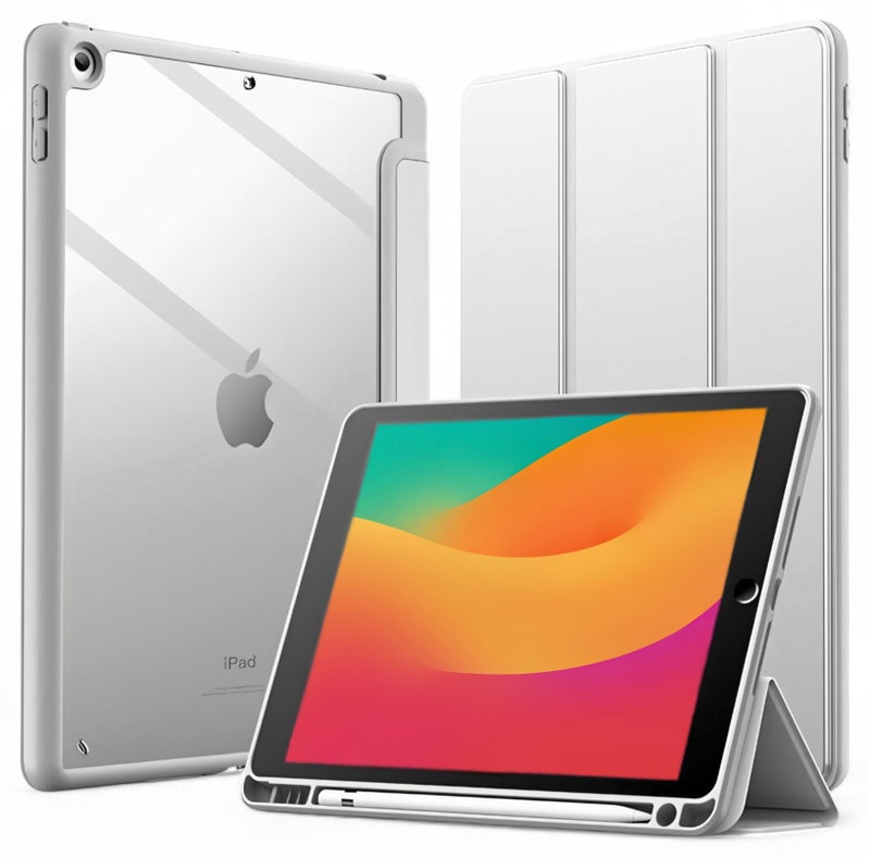 أركس غطاء لآيباد الجيل 9 / 8 / 7 (10.2 إنش، 2021/2020/2019) – غلاف ثلاثي رمادي نحيف مع خلفية شفافة وحامل قلم – حافظة صدمات مع مسند، متوافق مع A2602 A2270 A2197 A2428 - Image 1