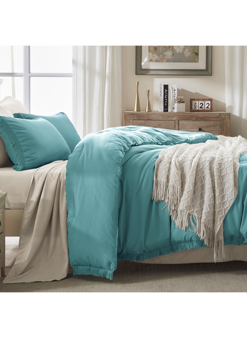 Andency Andency Aqua Tassel Comforter Set Full(79x90Inch)  3 Pieces(1 Boho Comforter  2 Pillowcases) Farmhouse Shabby Chic Comforter Set  Soft Microfiber Lightweight Fringe Bedding Comforter Set  - Image 2