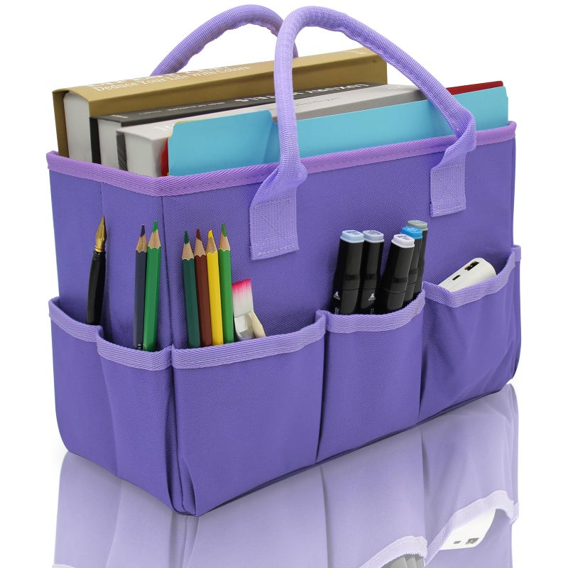 Cupohus Art Organizer Craft Storage Tote Bag with Pockets and Hadles Oxford Fabric Carrying Caddy for Teacher Officer Artist Students Traveler and more Purple