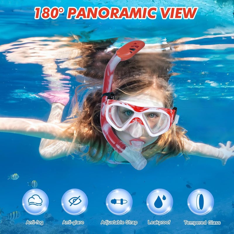 KUYOU Kids Snorkel Set, Children Anti-Fog Diving Mask Swimming Goggles Dry Top Snorkel Equipment Snorkeling Packages Swimming Gear for Youth Boys Girls Age 5-10 - Image 2