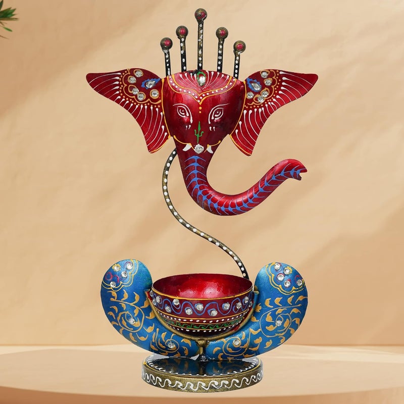 JAIPUR ACE Iron Metal Lord Ganesha Tealight or Candle Holder Stand Idol Showpiece Perfect for Pooja Room and Table Decor Home Decoration and Corporate Gift Items 11 Inches Red and Blue - Image 1