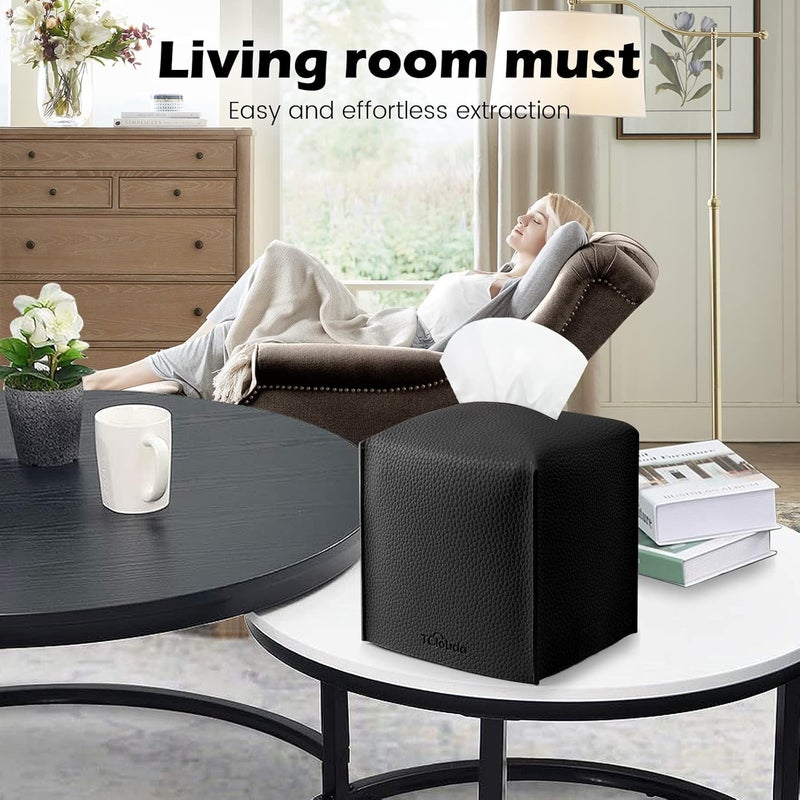 Tclouda Tissue Box Cover, , Modern PU Leather Square Tissue Box Holder for Creative Decorative, Ideal for Bathrooms/Office/Car/Nightstand/Outdoor Tent/Dining Table, 5"X5"X5", Single Black - Image 3