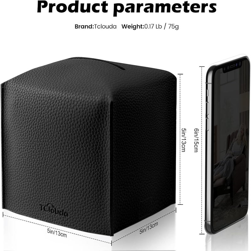 Tclouda Tissue Box Cover, , Modern PU Leather Square Tissue Box Holder for Creative Decorative, Ideal for Bathrooms/Office/Car/Nightstand/Outdoor Tent/Dining Table, 5"X5"X5", Single Black - Image 2