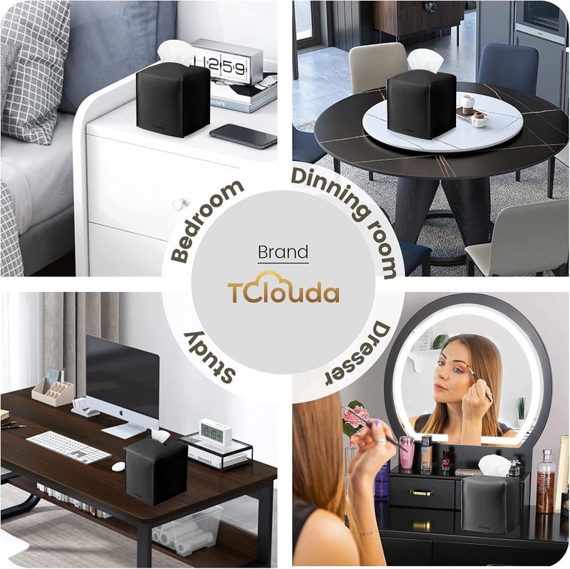 Tclouda Tissue Box Cover, , Modern PU Leather Square Tissue Box Holder for Creative Decorative, Ideal for Bathrooms/Office/Car/Nightstand/Outdoor Tent/Dining Table, 5"X5"X5", Single Black - Image 4