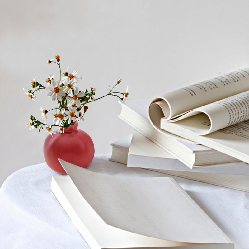 Woration Creative Ceramic Vase Pomegranate Design Home Office Table Red Decoration Crafts Bathroom Party Dinning Stoneware Craft for Grow Plant Insert Artificial Florals - Image 5