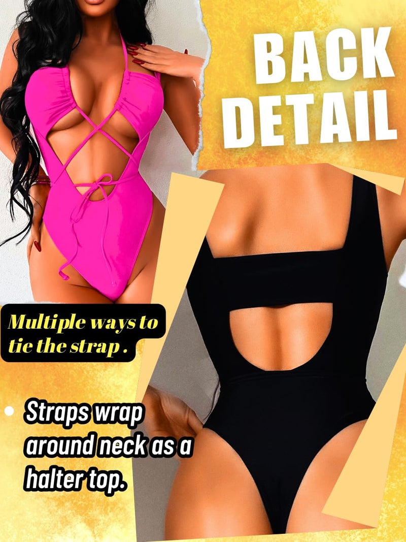 ShawGobow Cutout One Piece Swimsuit,Plunge High Cut Thong Sexy Monokini Bodysuit,Rave Outfit for Women Festival Pool Party Black Small - Image 3
