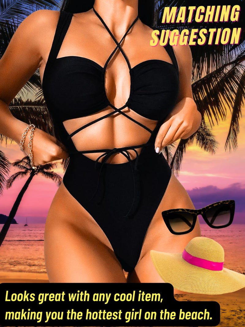 ShawGobow Cutout One Piece Swimsuit,Plunge High Cut Thong Sexy Monokini Bodysuit,Rave Outfit for Women Festival Pool Party Black Small - Image 4