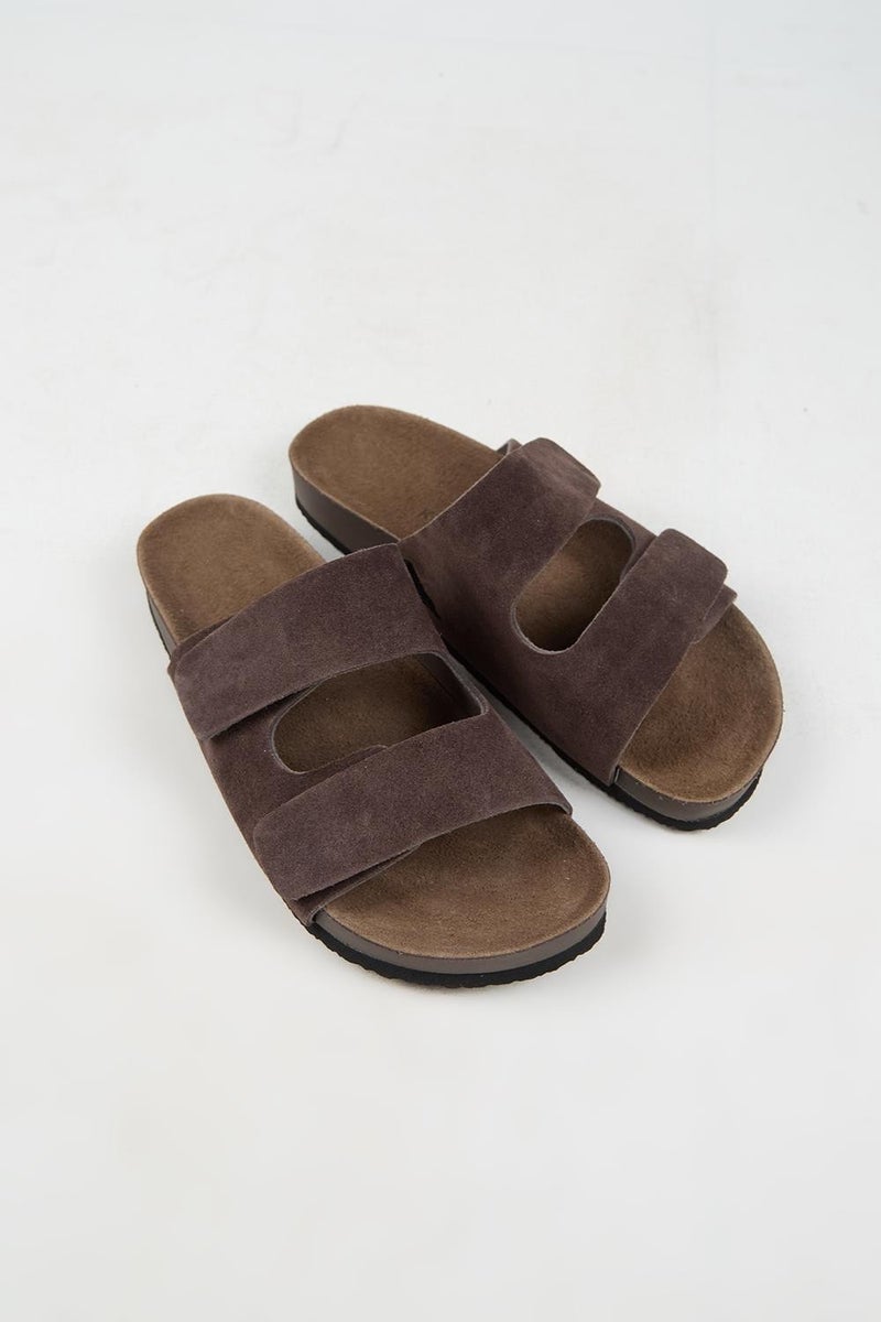 Krahe Robert Men's Genuine Leather Double Strap Velcro Coffee Slippers - Image 4