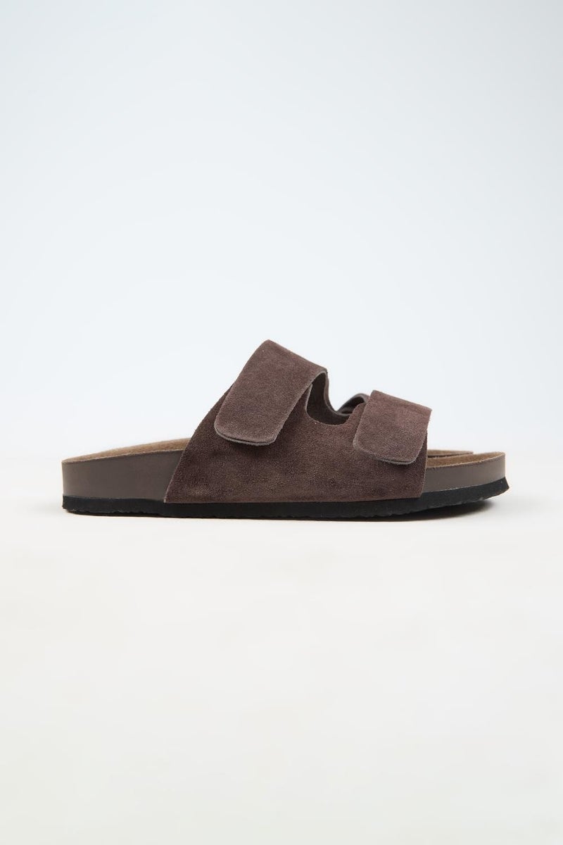 Krahe Robert Men's Genuine Leather Double Strap Velcro Coffee Slippers - Image 3
