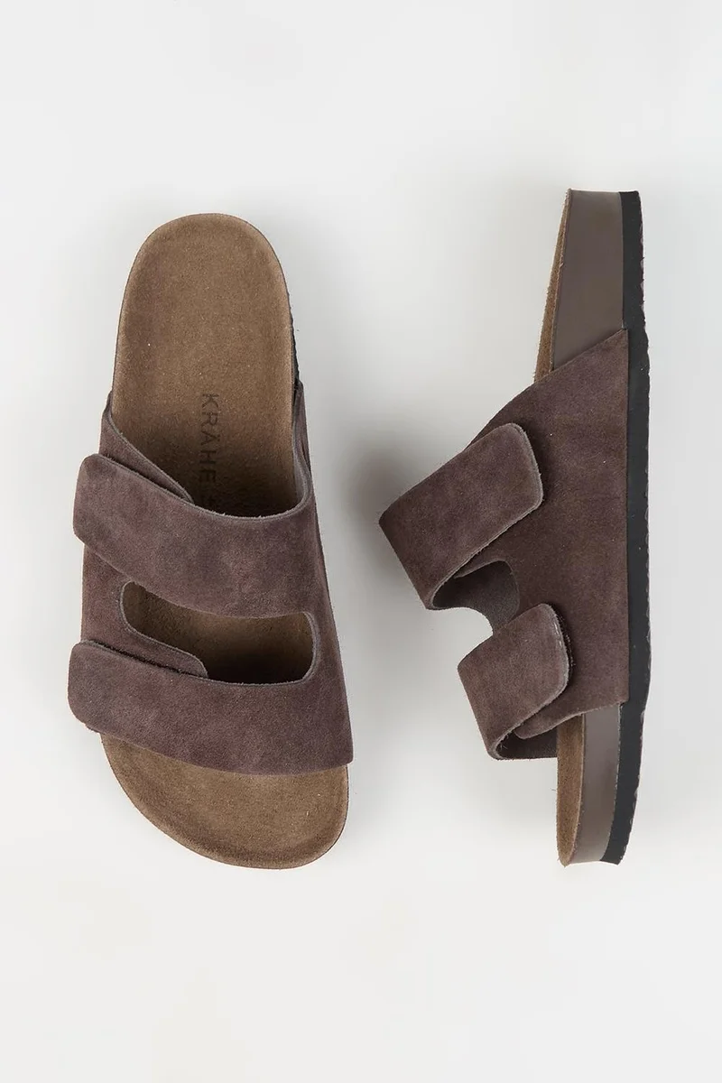 Krahe Krahe Robert Men's Genuine Leather Double Strap Velcro Coffee Slippers