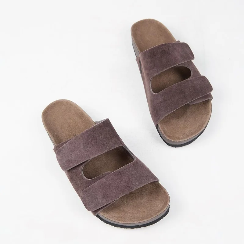 Krahe Krahe Robert Men's Genuine Leather Double Strap Velcro Coffee Slippers