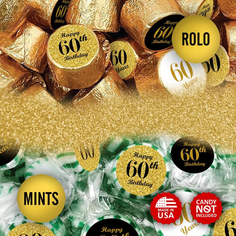 RokAPary 60th Birthday Kisses Stickers, (Set of 324) Chocolate Drops Labels for 60th Birthday, Party Favors Decor for Hershey's Kisses. Made in USA, 9 Designs (36 Stickers of Each) - Image 5