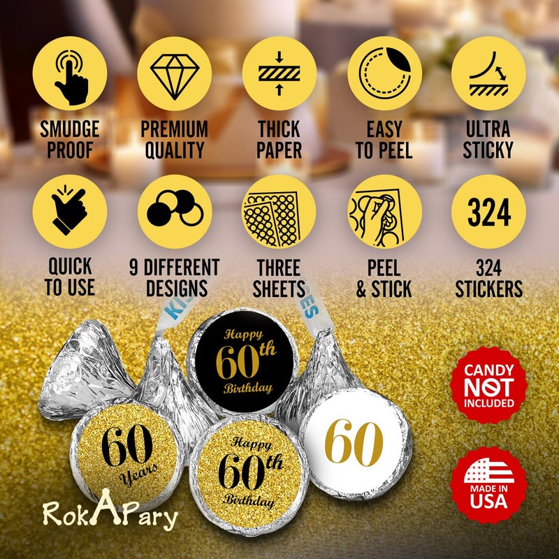 RokAPary 60th Birthday Kisses Stickers, (Set of 324) Chocolate Drops Labels for 60th Birthday, Party Favors Decor for Hershey's Kisses. Made in USA, 9 Designs (36 Stickers of Each) - Image 2