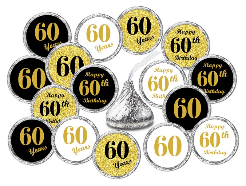 RokAPary 60th Birthday Kisses Stickers, (Set of 324) Chocolate Drops Labels for 60th Birthday, Party Favors Decor for Hershey's Kisses. Made in USA, 9 Designs (36 Stickers of Each) - Image 1