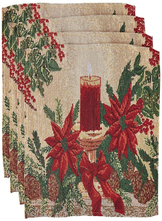 Violet Linen Decorative Christmas Poinsettias Candles Design Tapestry 13" X 19" Placemats - Set of 4 - Image 1