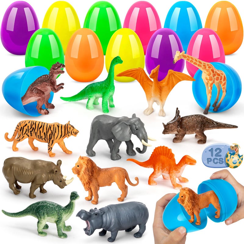 IJIGU 12 Pack Prefilled Easter Eggs with Dinosaur & Animal Figures for Easter Egg Hunt, Easter Eggs Filled for Kids,Basket Stuffers Filler and Classroom Prize Supplies, Party Favors - Image 1