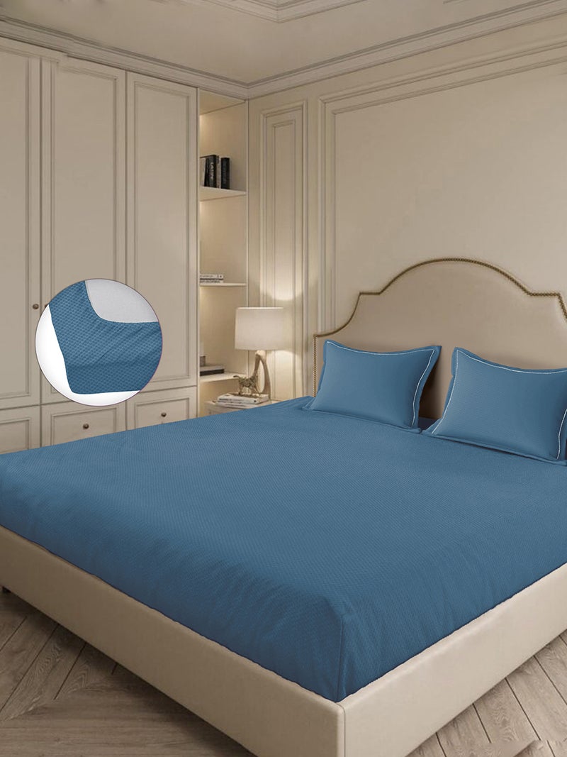 MULBERRY LIVING 100% Cotton 3 pc set -Micro checks- fitted bedsheet 180x200x30cms / 2 pillowcover 50x75 cms - Mineral Blue - Image 1
