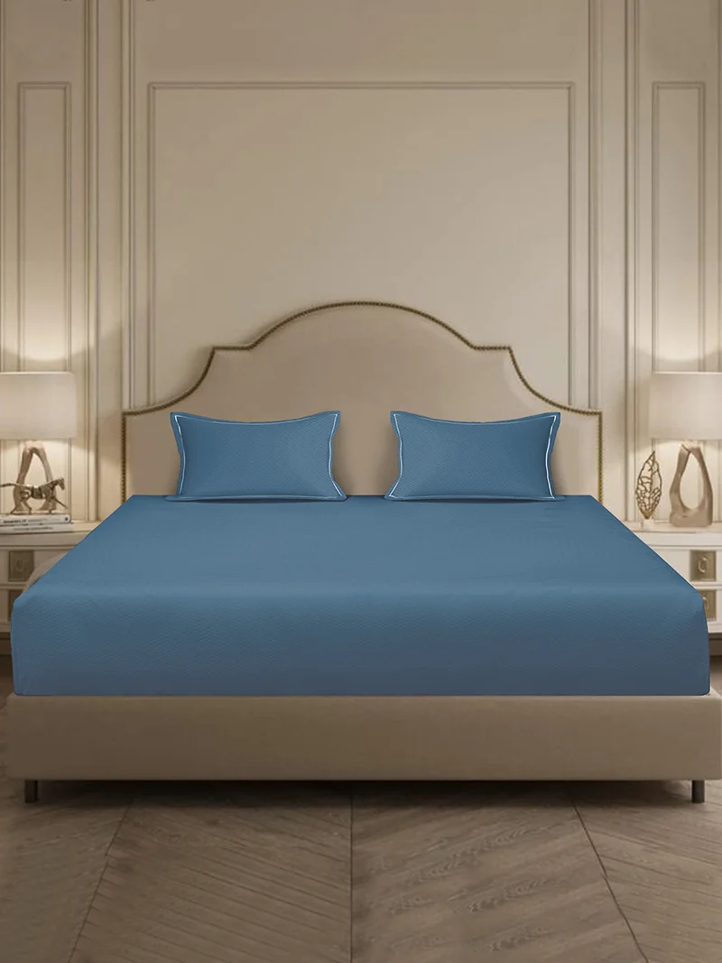 مالبيري ليفينج 100% Cotton 3 pc set -Micro checks- fitted bedsheet 180x200x30cms / 2 pillowcover 50x75 cms - Mineral Blue