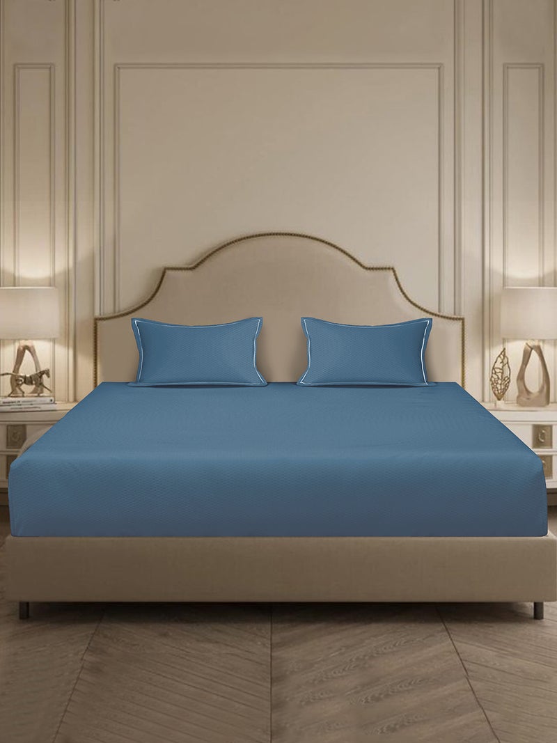 MULBERRY LIVING 100% Cotton 3 pc set -Micro checks- fitted bedsheet 180x200x30cms / 2 pillowcover 50x75 cms - Mineral Blue - Image 2