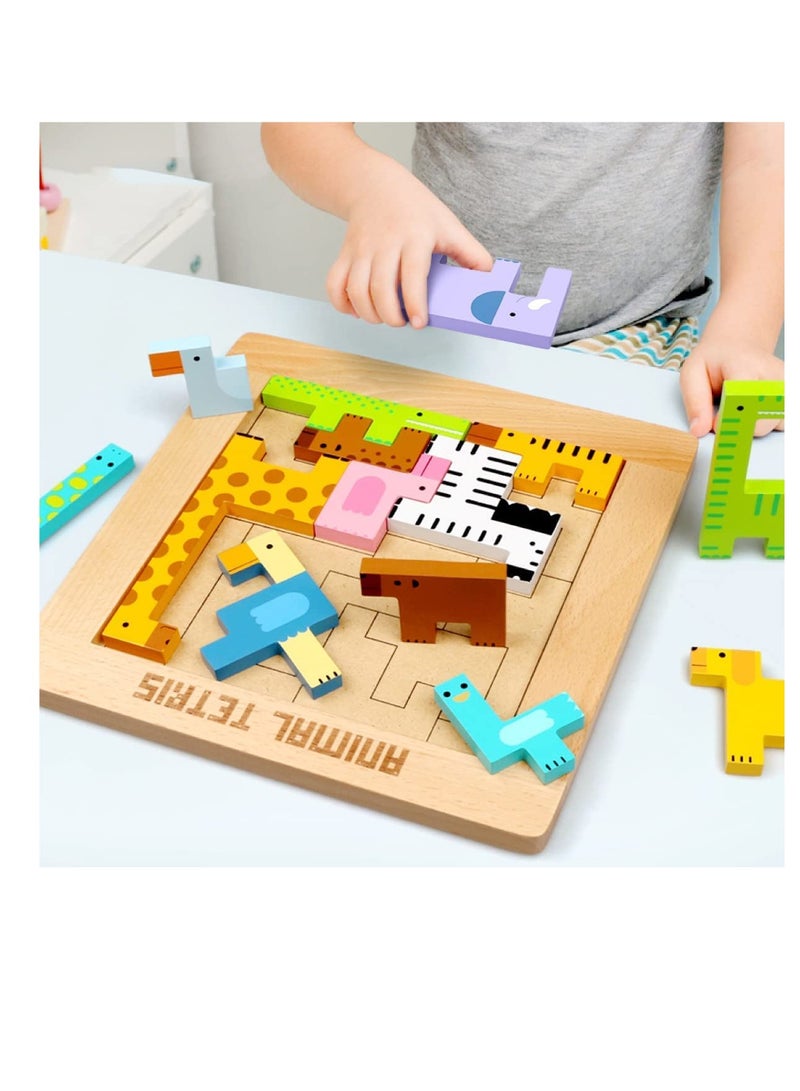 SYOSI Wooden Toddler Puzzles Toys Animal Beechwood Building Blocks Montessori Educational Toys for Toddler 3+ Years Shape Matching 3D Wooden Puzzle - Image 2