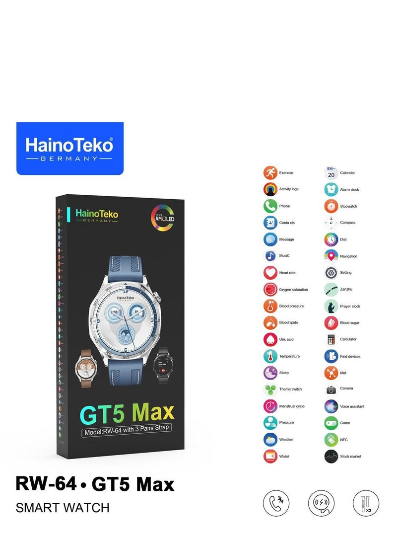Haino Teko HAINOTEKO Smart Watch GT5 Max Round Screen AMOLED Display with 3 Pair Straps and Wireless Charger Multicolour - Image 1