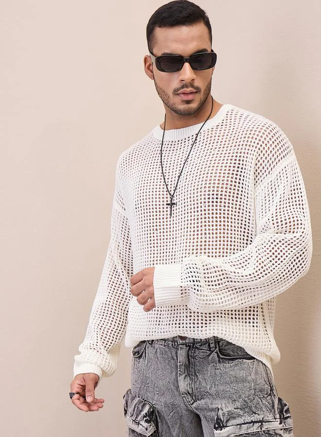 Mascln Sassafras Unisex Off White Oversize Crochet Sweater by Styli