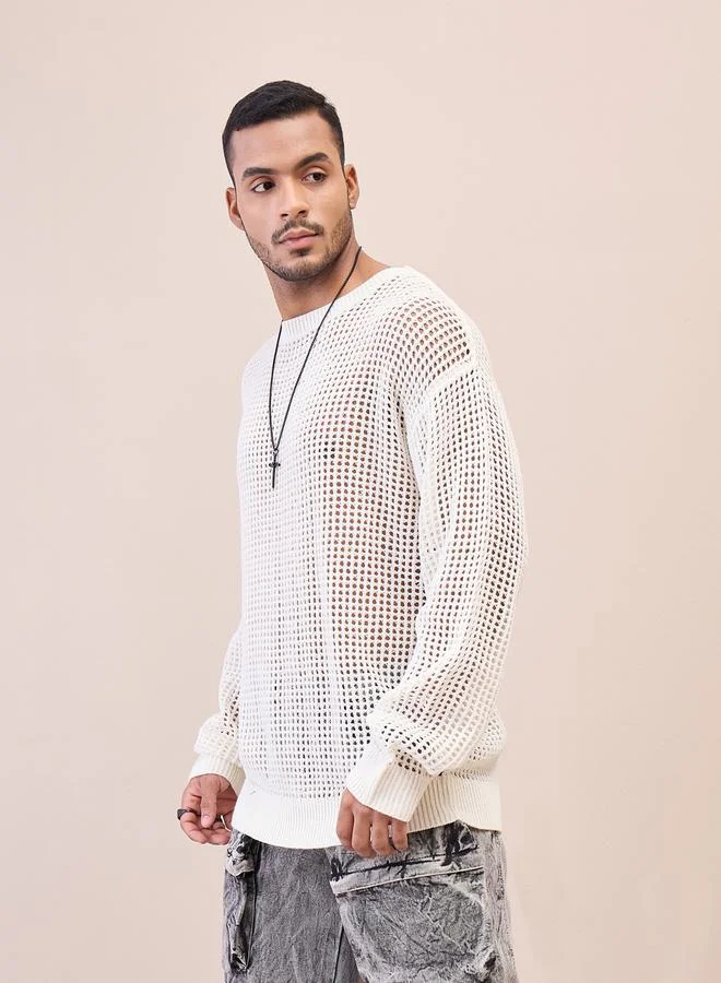 Mascln Sassafras Unisex Off White Oversize Crochet Sweater by Styli