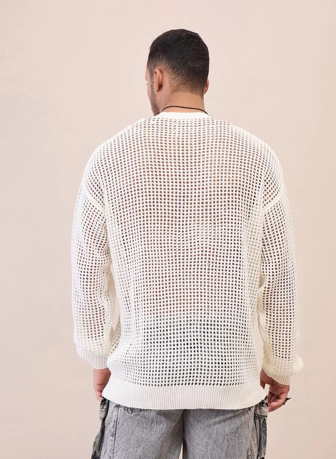 Mascln Sassafras Unisex Off White Oversize Crochet Sweater by Styli