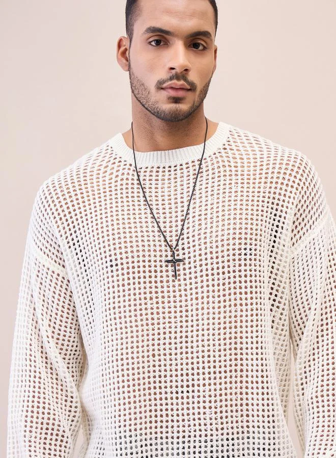 Mascln Sassafras Unisex Off White Oversize Crochet Sweater by Styli
