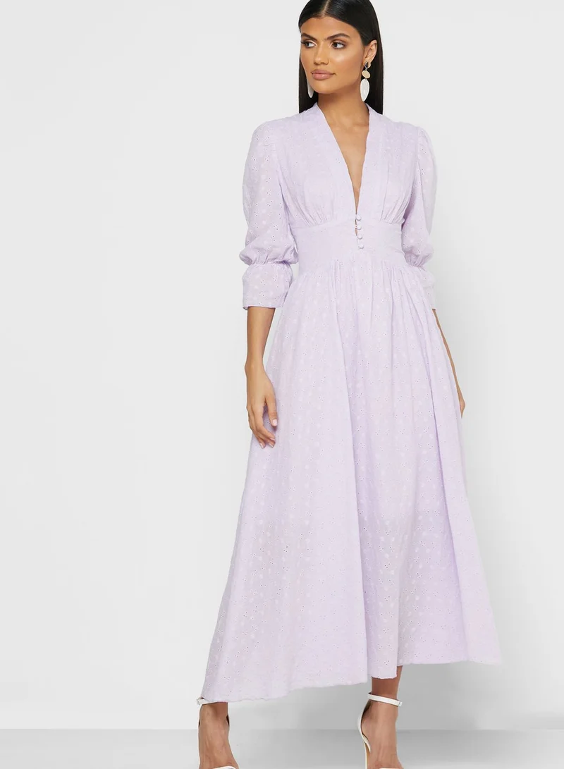 Khizana Plunge Neck Puffed Sleeve Maxi Dress