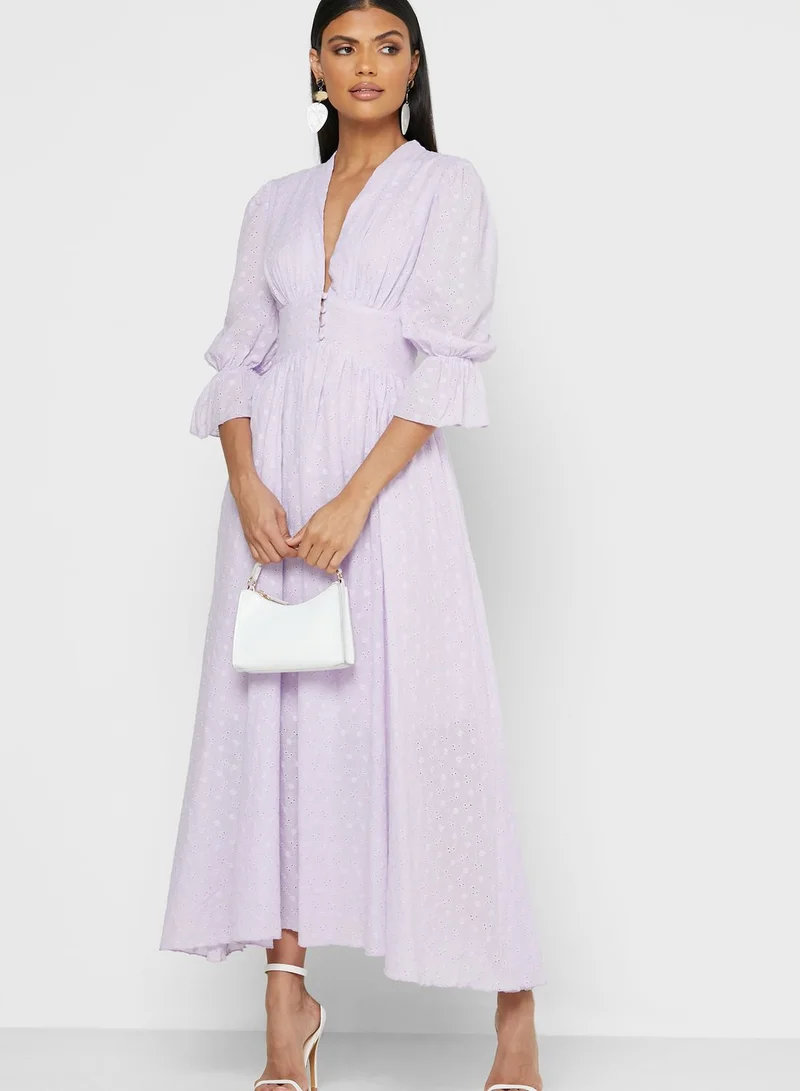 Khizana Plunge Neck Puffed Sleeve Maxi Dress