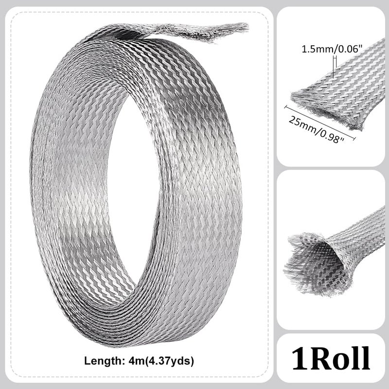 UNICRAFTALE 1" Wide Stainless Steel Braided Sleeving Braid Cable Wire Shielding Sleeve Ground Straps Protection Flat Metal Mesh Flexible Expandable Scalable Ribbon Wire for Protect Cable 13.12 Feet - Image 3