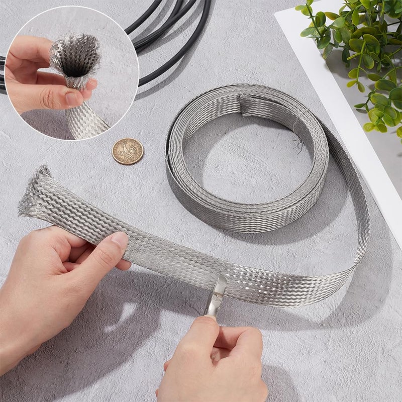 UNICRAFTALE 1" Wide Stainless Steel Braided Sleeving Braid Cable Wire Shielding Sleeve Ground Straps Protection Flat Metal Mesh Flexible Expandable Scalable Ribbon Wire for Protect Cable 13.12 Feet - Image 5
