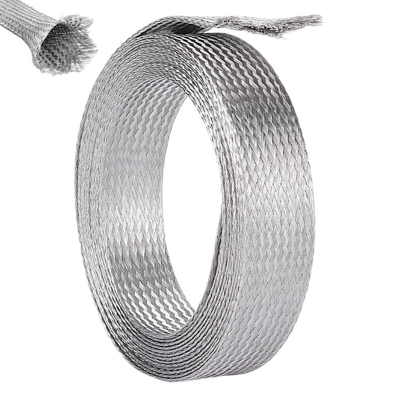 UNICRAFTALE 1" Wide Stainless Steel Braided Sleeving Braid Cable Wire Shielding Sleeve Ground Straps Protection Flat Metal Mesh Flexible Expandable Scalable Ribbon Wire for Protect Cable 13.12 Feet - Image 1