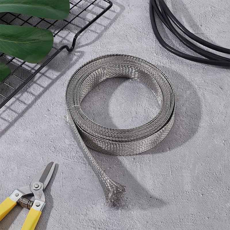 UNICRAFTALE 1" Wide Stainless Steel Braided Sleeving Braid Cable Wire Shielding Sleeve Ground Straps Protection Flat Metal Mesh Flexible Expandable Scalable Ribbon Wire for Protect Cable 13.12 Feet - Image 2