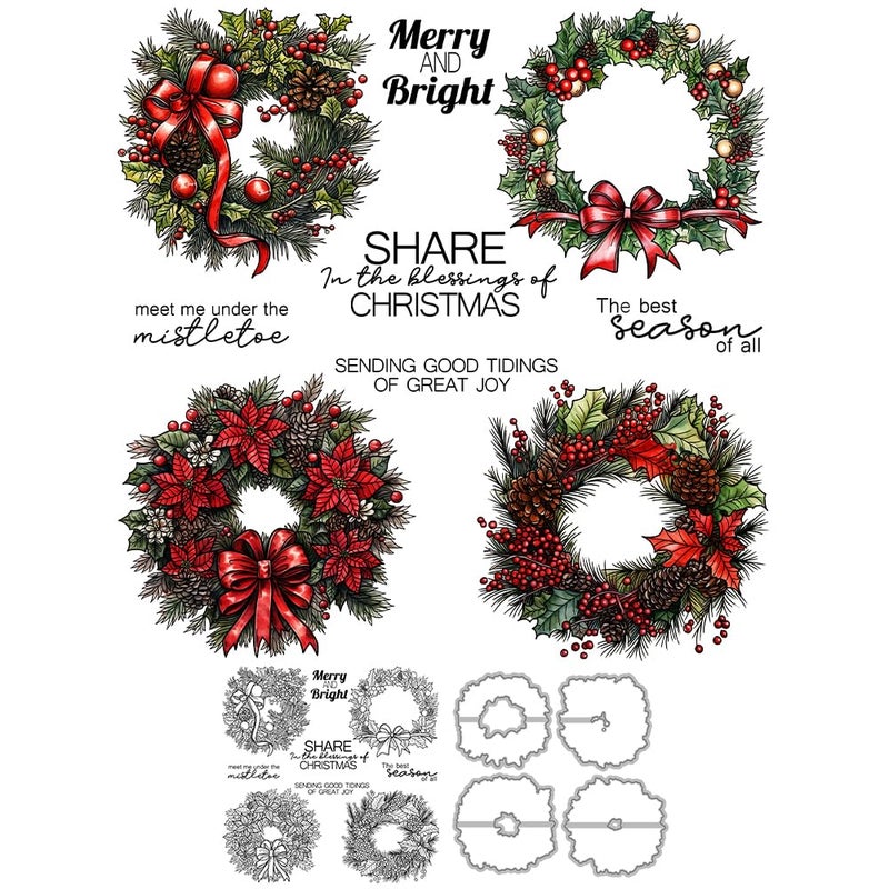 YIXUAN Merry Christmas Bells Wreath Leaves Clear Stamps and Metal Cutting Dies Set with Plastic Envelope Box for Card Making DIY Xmas Scrapbooking Supplies Silicone Stamp Knife Mold for Albums Crafts - Image 3
