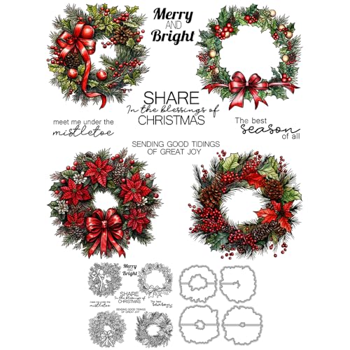 YIXUAN Merry Christmas Bells Wreath Leaves Clear Stamps and Metal Cutting Dies Set with Plastic Envelope Box for Card Making DIY Xmas Scrapbooking Supplies Silicone Stamp Knife Mold for Albums Crafts - Image 1